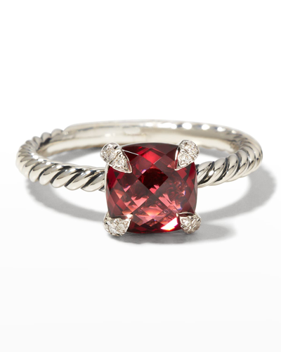Shop David Yurman Chatelaine Cushion Ring With Gemstone And Diamonds In Silver, 8mm In Rhodalite Garnet