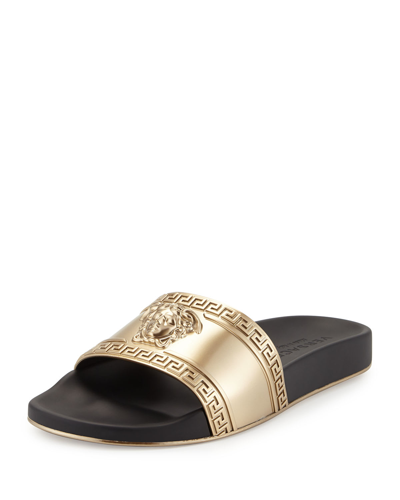 Shop Versace Men's Medusa-head Slide Sandals In Black/gold