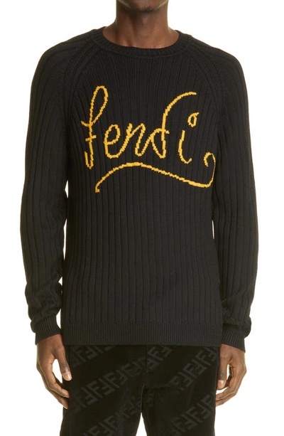 Shop Fendi X Noel Fielding Script Intarsia Wool Sweater In Black/ Yellow