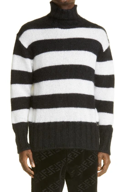 Shop Fendi Stripe Turtleneck Mohair Blend Sweater In Black/ White
