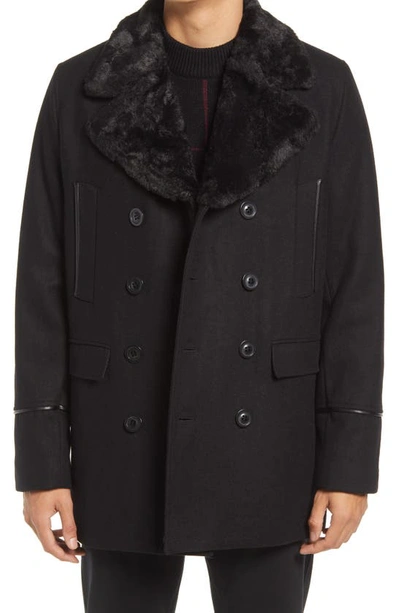 Shop Karl Lagerfeld Wool Blend Peacoat With Faux Fur Collar In Black/ Black