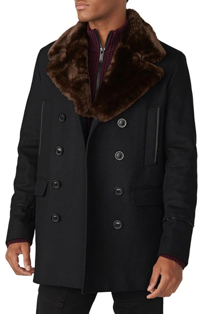 Shop Karl Lagerfeld Wool Blend Peacoat With Faux Fur Collar In Black/ Brown