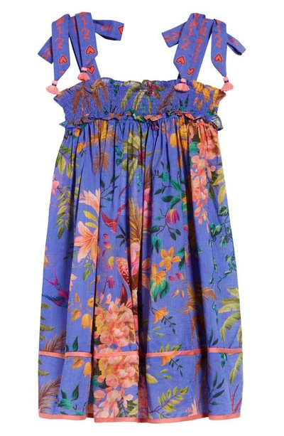 Shop Zimmermann Kids' Tropicana Print Shirred Cotton Sundress In Blue Floral