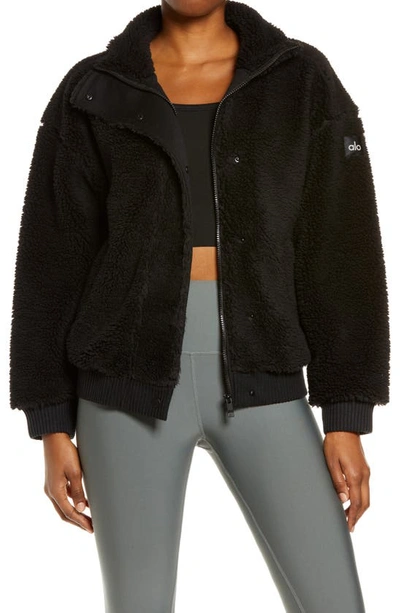 Alo Yoga High Pile Fleece Varsity Jacket In Black | ModeSens