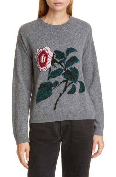 Shop Valentino Lip & Rose Intarsia Wool & Cashmere Sweater In Grigio Mel/ Multicolor