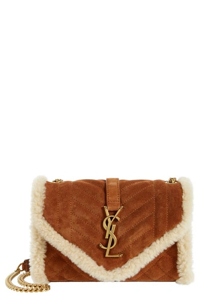 Shop Saint Laurent Monogram Suede & Genuine Shearling Shoulder Bag In Brick/ Natural Beige