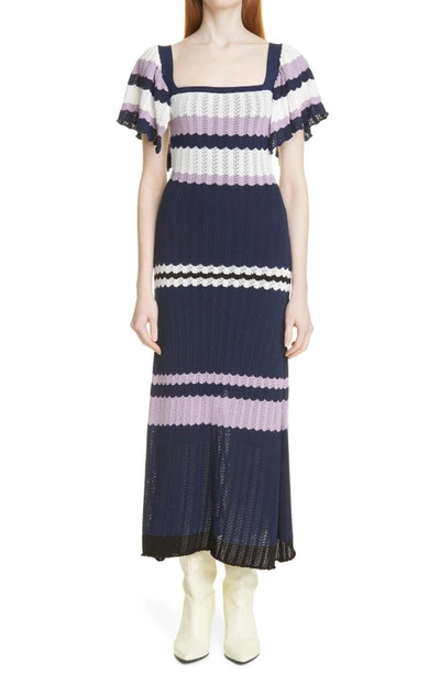 Shop Adam Lippes Stripe Rib Cotton Blend Midi Dress In Navy/ Ivory