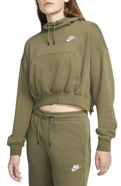 Shop Nike Sports Essentials Crop Hoodie In Medium Olive/ White
