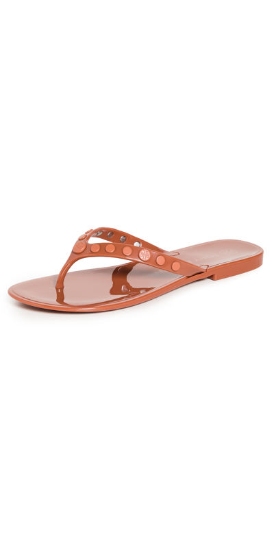 Shop Tory Burch Studded Jelly Thong Sandals In Canela