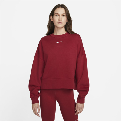 Shop Nike Sportswear Collection Essentials Women's Oversized Fleece Crew Sweatshirt In Pomegranate,white