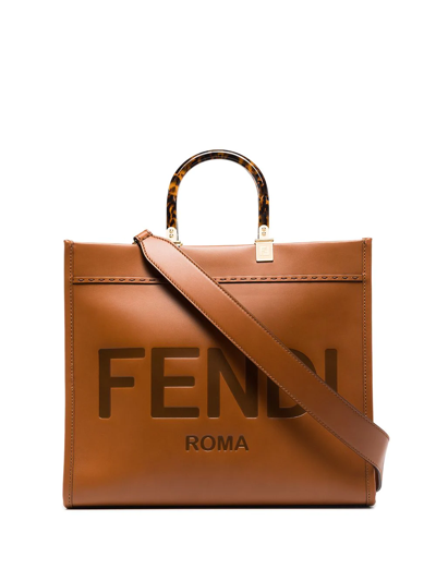 Shop Fendi Sunshine Logo-debossed Leather Tote In Brown