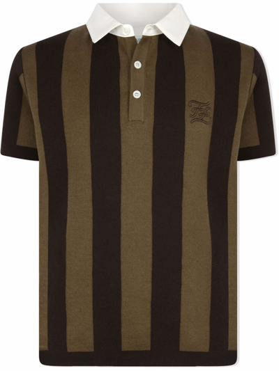 Shop Fendi Striped Logo-embroidered Polo Shirt In Brown