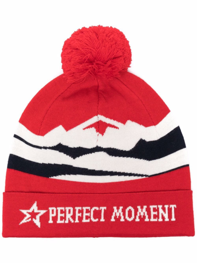 Shop Perfect Moment Intarsia-knit Logo Merino Beanie In Red