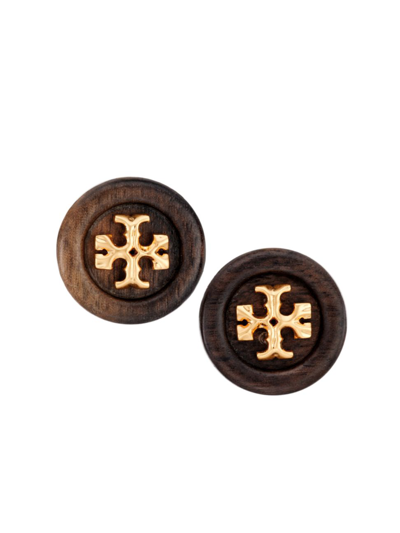 Shop Tory Burch Roxanne Goldtone & Wood Button Clip-on Stud Earrings In Rolled Brass