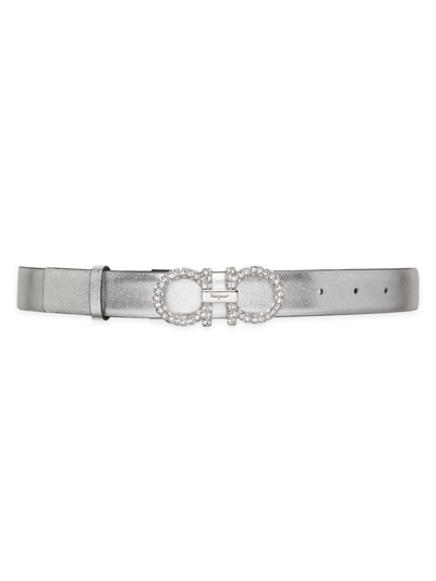 Shop Ferragamo Women's Reversible Gancini Crystal-embellished Metallic Leather Belt In Silver