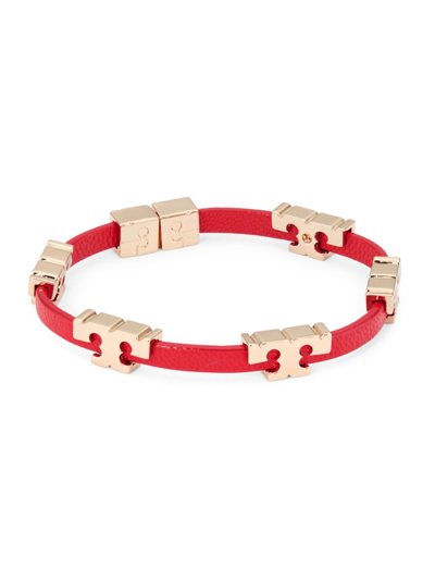 Shop Tory Burch Serif-t Stackable Goldtone & Leather Bracelet In Brilliant Red