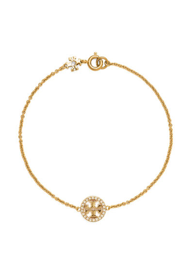 Shop Tory Burch Women's Miller 18k Gold-plated, Swarovski Crystal & Pearl Logo Charm Bracelet In Tory Gold Crystal