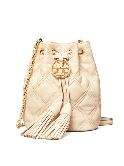Shop Tory Burch Mini Fleming Soft Quilted Leather Bucket Bag In New Cream