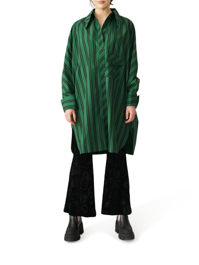 Shop Ganni Stripe Cotton Oversize Shirt Dress In Green
