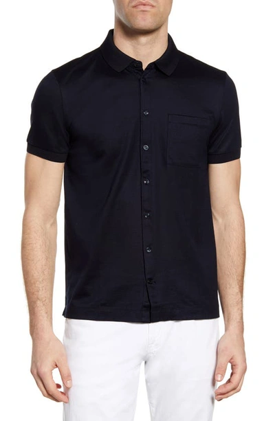 Shop Hugo Boss Puno Slim Fit Short Sleeve Button-up Knit Shirt In Dark Blue