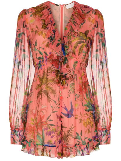 Shop Zimmermann Tropicana-print Silk Playsuit In 中性色