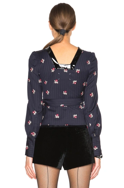 Shop Maison Margiela Embroidered Pinstripe Wool Blouse In Blue