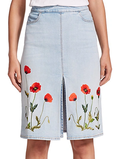 Shop Stella Mccartney Floral-embroidered Denim Skirt In Pacific