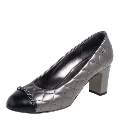 Chanel Argent/Grey Embossed Leather Cap Toe D'Orsay Pumps Size 5.5/36