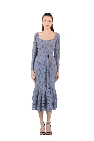 Shop Zeena Zaki Long Sleeve Dantel Midi Dress In Grey