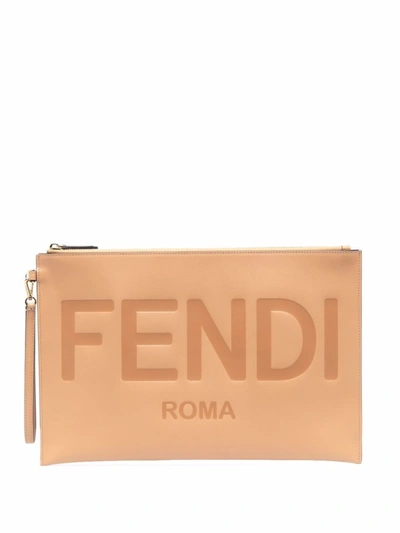 Shop Fendi Light Brown Logo-stamped Clutch Bag