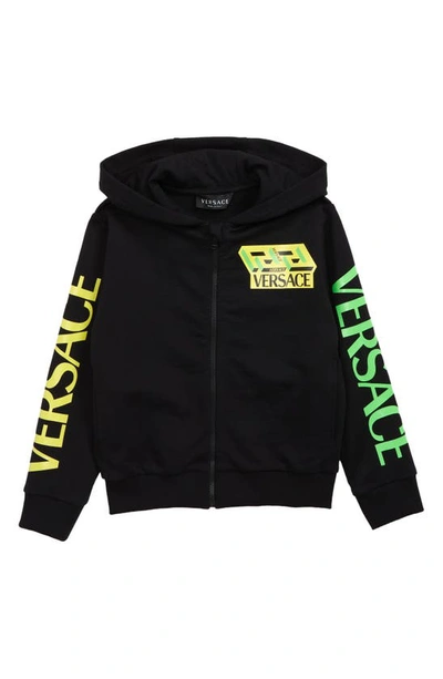 Shop Versace Kids' La Greca Monogram Cotton Hoodie In 6b720 Black Yellow Green
