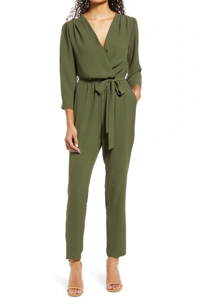 Shop Fraiche By J Long Sleeve Belted Jumpsuit In Olive