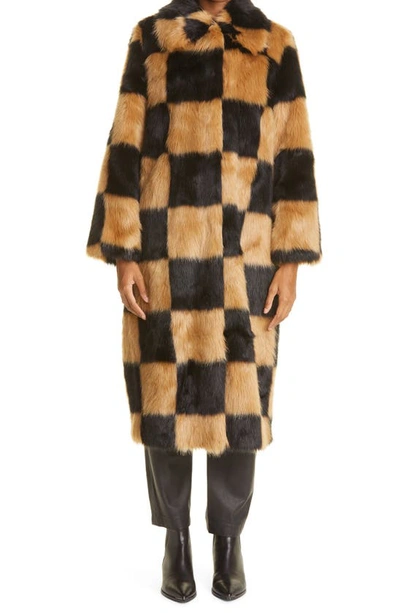 Shop Stand Studio Nino Long Checkerboard Faux Fur Coat In Black/ Beige Large Check