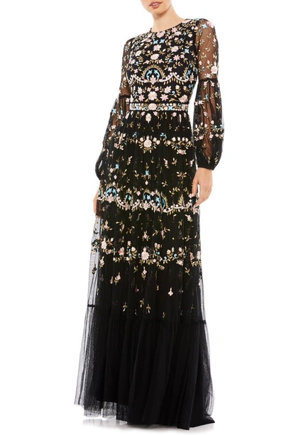 Shop Mac Duggal Embroidered Floral Long Sleeve Gown In Black
