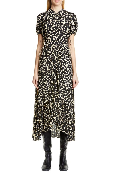 Shop Proenza Schouler Dot Print Ruched Cutout Midi Dress In Yellow Painted Dot