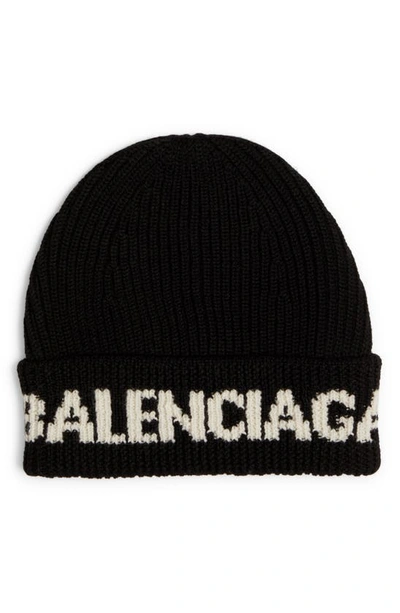 Shop Balenciaga Logo Rib Beanie In Black/ White