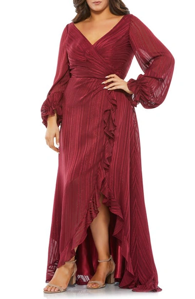 Shop Mac Duggal Metallic Stripe Long Sleeve Wrap Front Gown In Burgundy