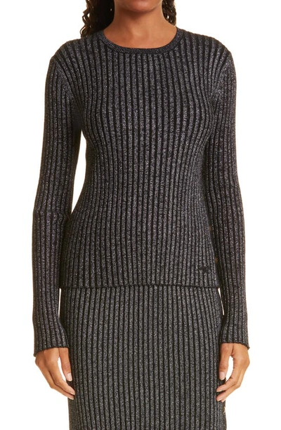 Shop Tory Burch Metallic Stripe Ribbed Merino Wool Sweater In Black