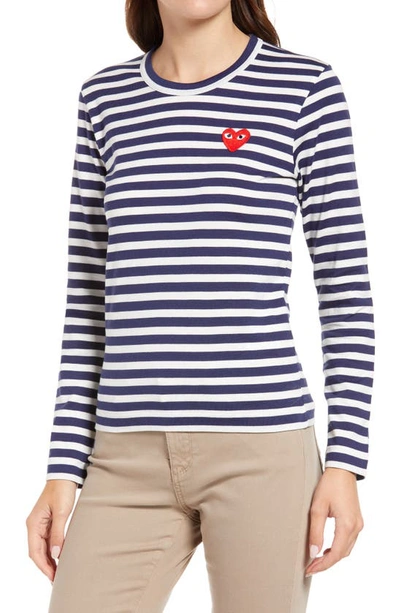 Shop Comme Des Garçons Play Striped Long Sleeve T-shirt In Navy/white