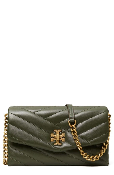 Shop Tory Burch Kira Chevron Quilted Leather Wallet On A Chain In Sycamore / Rolled Gold