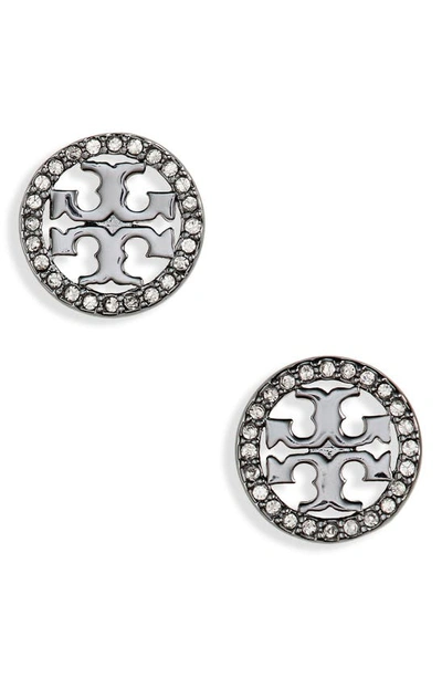 Shop Tory Burch Crystal Logo Circle Stud Earrings In Hematite / Crystal