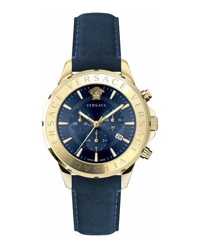 Shop Versace Chrono Signature Leather Watch In Blue