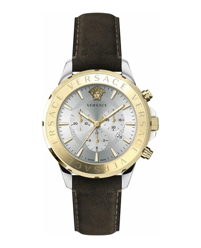 Shop Versace Chrono Signature Leather Watch In Brown
