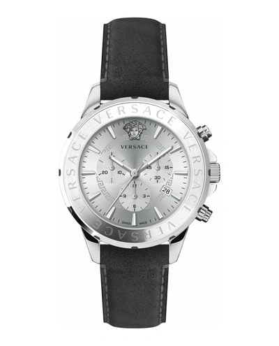 Shop Versace Chrono Signature Leather Watch In Grey