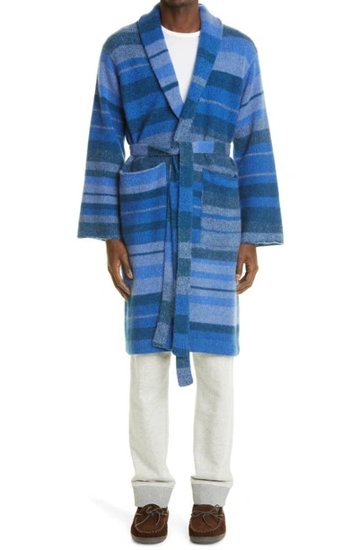 Shop The Elder Statesman Stripe Cashmere Robe Coat In Blue Jean/ True Blue/ Peacock