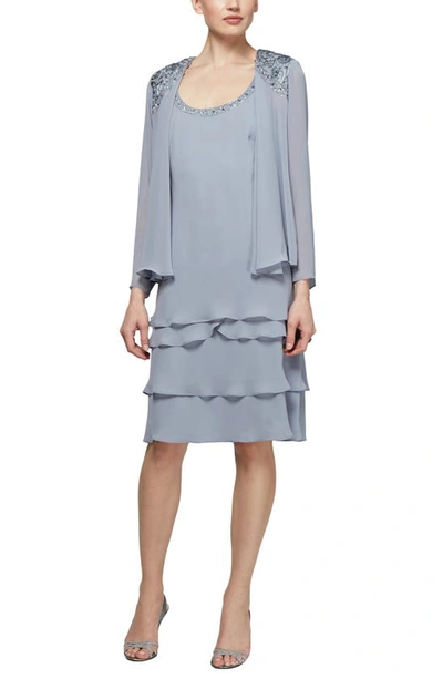 Shop Slny Tiered Chiffon Cocktail Dress With Jacket In Concrete