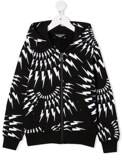 Shop Neil Barrett Kids Black Hoodie With Zip And All-over Fairisle Thunderbolt Motif In Nero