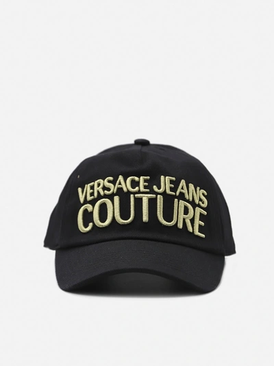 Shop Versace Jeans Couture Cotton Hat With Contrasting Embroidered Logo In Black, Gold