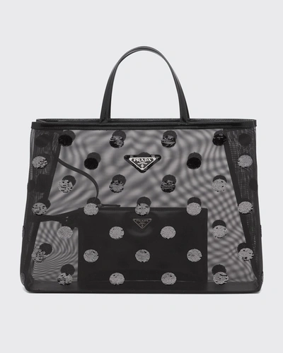 Shop Prada Mesh Polka Dot Sequin Tote Bag In Black