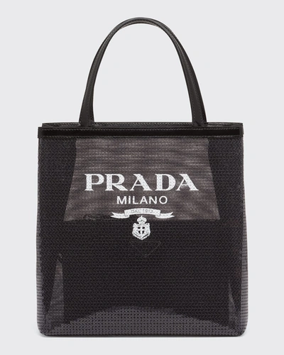 Shop Prada Mesh Sequin Logo Tote Bag In Black